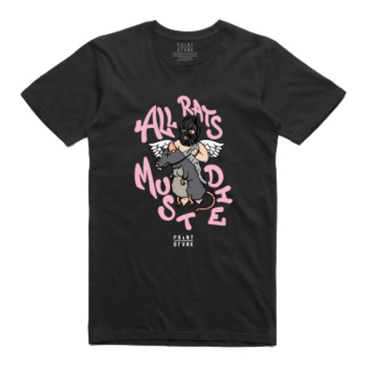 Point Blank Clothing All Rats Must Die T-Shirt, Black/Pink, Front Side