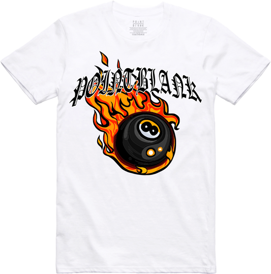 Flaming 8Ball Twill Applique T-Shirt - White